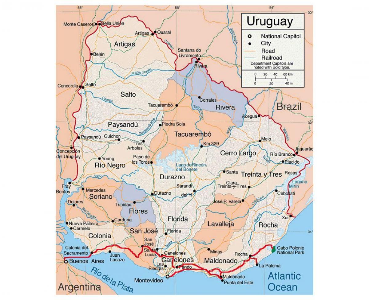 מפה של אורוגוואי עם citie